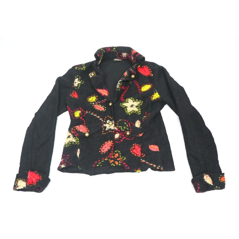 Tres Jolie Womens Fitted Wool Jacket Black Floral Felted Applique Made in Italy